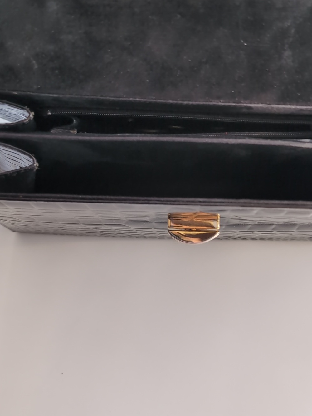 Croc-Embossed Structured Top-Handle Satchel in Black with Gold Hardware - Picture 3 of 4